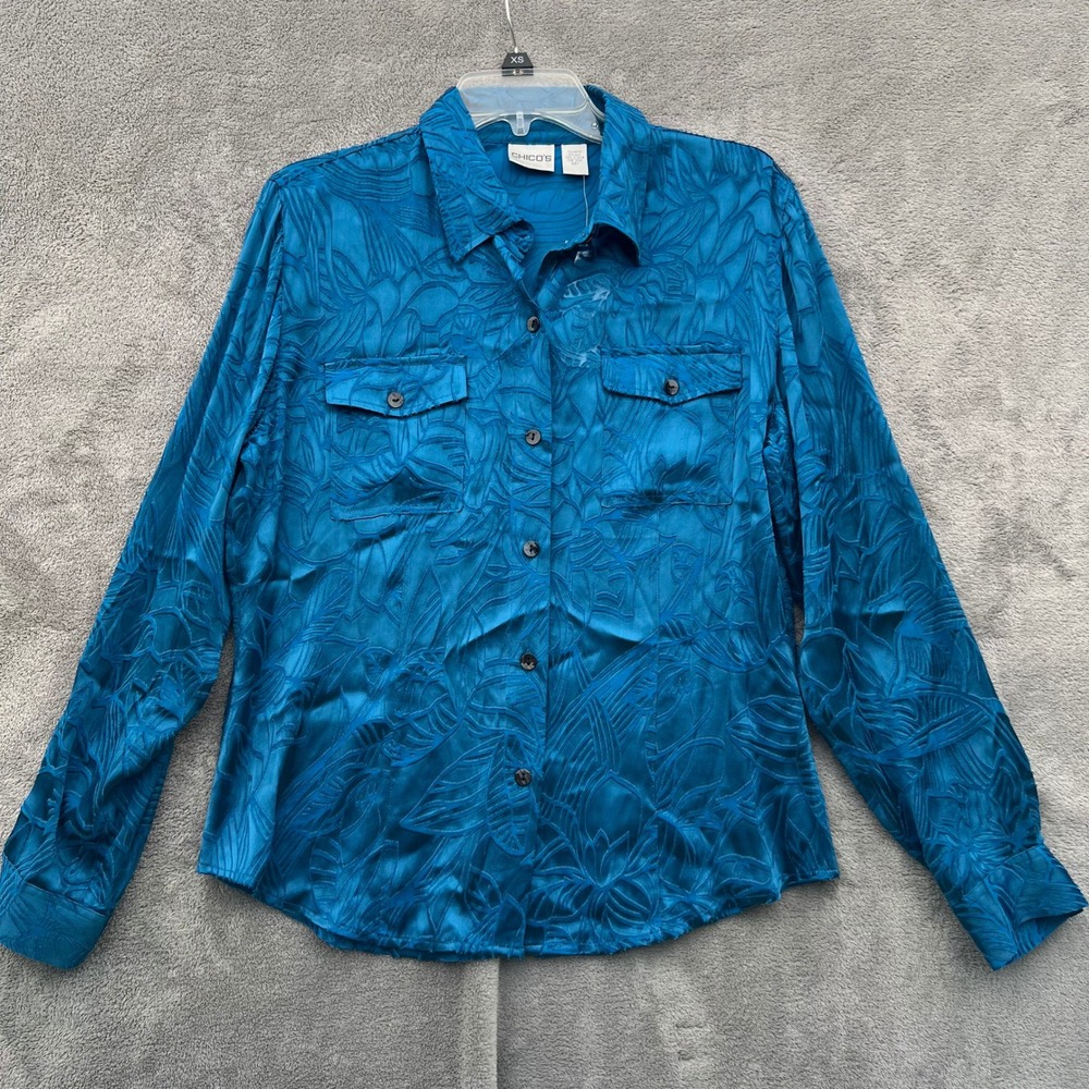 Chicos Sheer Oasis Shirt Womens 1‎ Button Down Silk Blend Velvet Burnout NWT